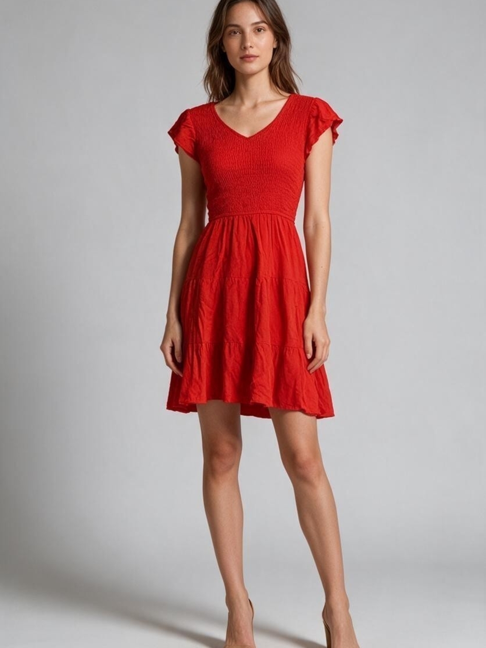 Smocked V-Neck Mini Dress in Red